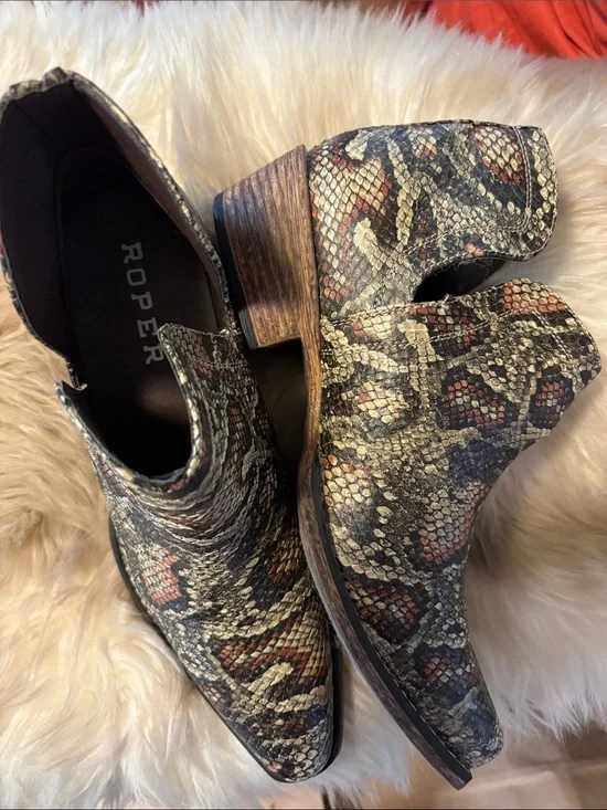 Roper Snake-Print Ankle Booties in Black, Brown & Cream