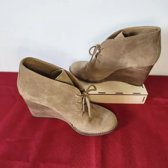 Lucky Brand Yamene Suede Wedge Booties Lace Up Ankle Boots Tan Brown Size 7.5 M