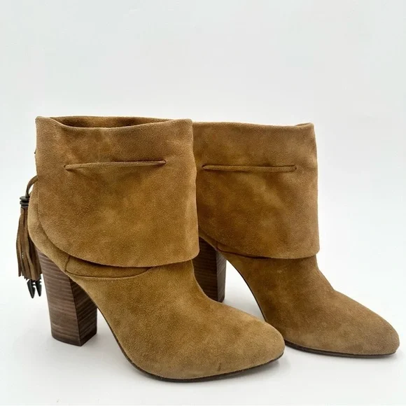 Sigerson Morrison Suede Ankle Booties Fold Over Tassel Stacked Heel