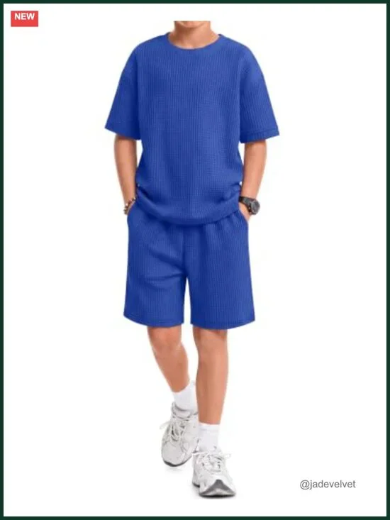 Boys Waffle Knit 2 Piece Short Set Oversized Tee & Shorts Summer Outfit