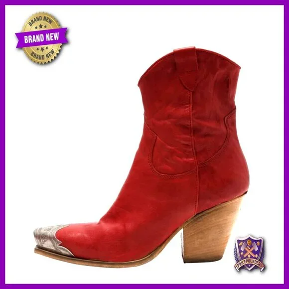 Western Cowgirl Ankle Boots Stacked Heel Steel Toe Side Zipper Booties