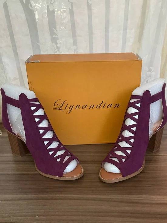 Liyuandian Purple Faux Suede Open Toe Block Heel Sandals Lace Up Cut, size 10