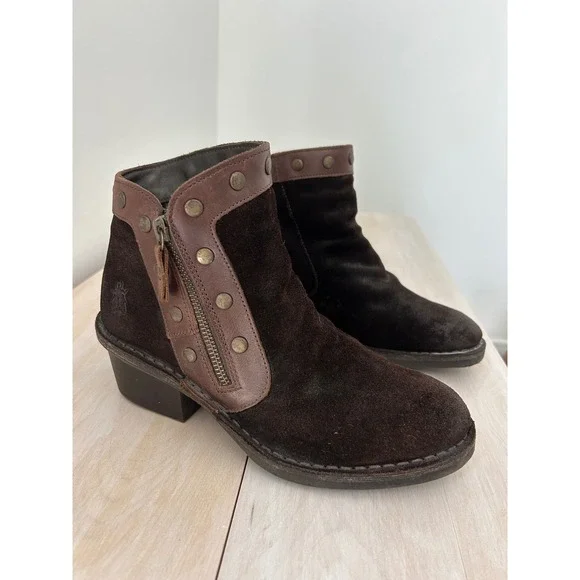 Fly London Brown Suede Studded Ankle Boots Leather Trim Portugal 38 Women's 7.5
