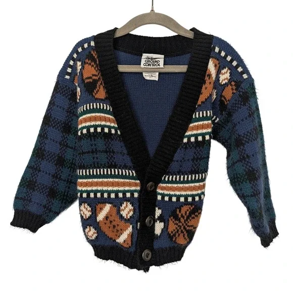 Vintage Ground Control 90s Toddler Sports Cardigan Sweater Blue Plaid 3T USA