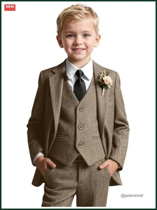 5-Piece Tweed Herringbone Suit Set for Boys - Jacket, Vest, Pants, Shirt, Tie