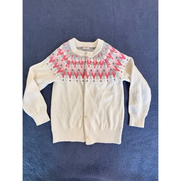 Gymboree Girls Fair Isle Cardigan Sweater Cream Pink Metallic Knit Size‎ S 5-6