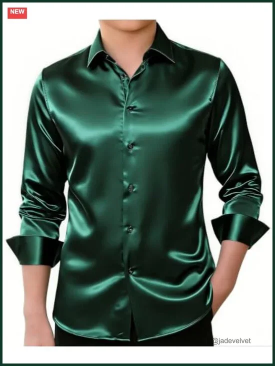 Long Sleeve Satin Button Down Dress Shirt Wrinkle-Free Formal
