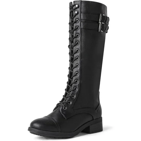 Women's Black DREAM PAIRS PU Knee-High Riding Combat Boots for Fall and Winter