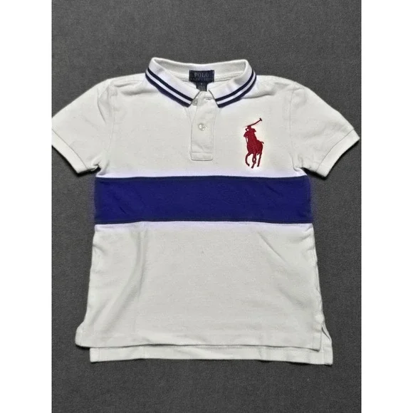 Polo Ralph Lauren Boys‎ White Blue Stripe Polo Shirt Size 5 Big Pony