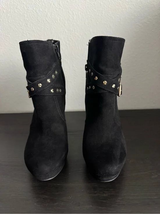 Women's Black Suede Ankle Boots with Studded Strap size 10