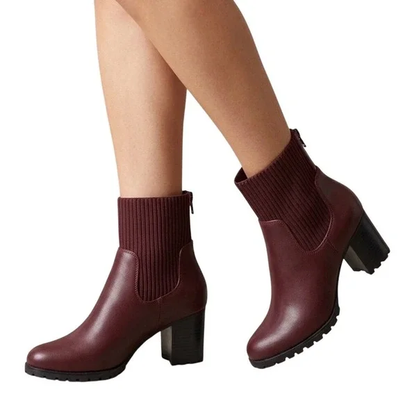 Easy Street Burgundy Knit Sock Ankle Boots Block Heel Size 9M‎