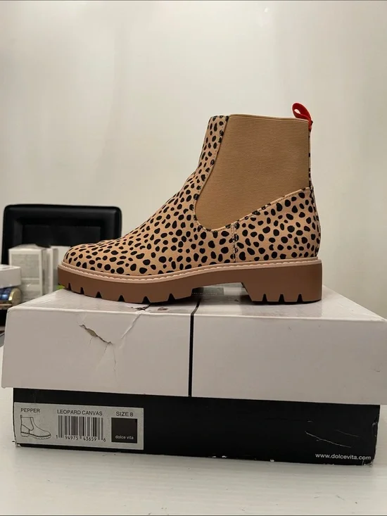 Dolce Vita Leopard Print Chelsea Boot in Tan and Black with Red Pull Tab Women’