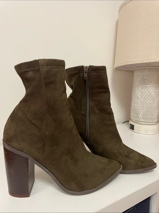 Lulu's Dark Olive Suede Block Heel Ankle Boots