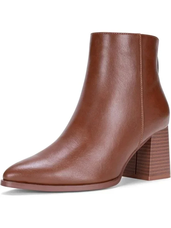 Women’s Mocha Brown Pointed Toe Ankle Boots Chunky Block Heel Bootie With Zipper