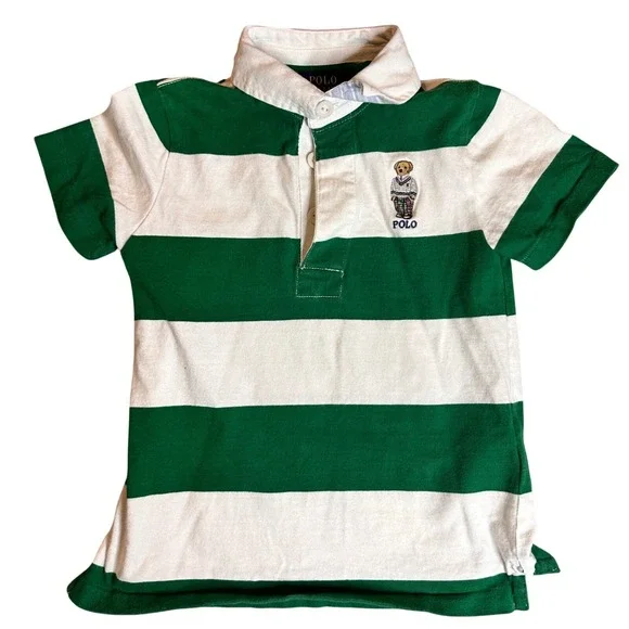 Polo Ralph‎ Lauren Polo Bear Rugby Short Sleeve Green White Stripe Youth 5