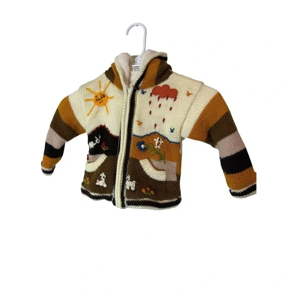 Kenelma Peru Sweater Toddler 2 Brown Cream Hooded‎ Zip Fleece Lined Embroidered