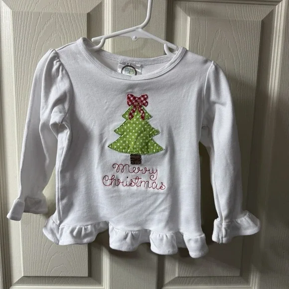 Blanke Boutique Girls 2T White Long Sleeve Christmas‎ Tree Ruffle Shirt