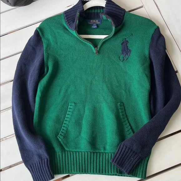 Polo Ralph Lauren Green And Blue Pullover large pony Cotton 14-16