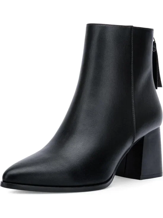 Women’s Black Pointed Toe Ankle Boots Chunky Block Heel Booties with Zipper