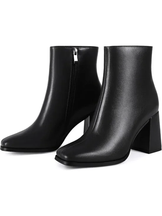 Women’s Matte Black Square Toe Ankle Boots Chunky Block Heel Short Dressy Bootie