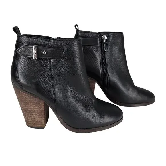 COACH HEWES BLACK LEATHER ANKLE BOOT SIDE ZIP WOOD HEEL WOMEN'S SIZE 5B A6841