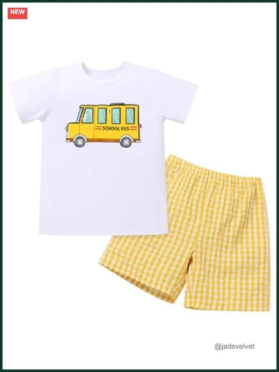 Toddler Boys Back to School Top with Shorts Set Schoolbus Embroidered