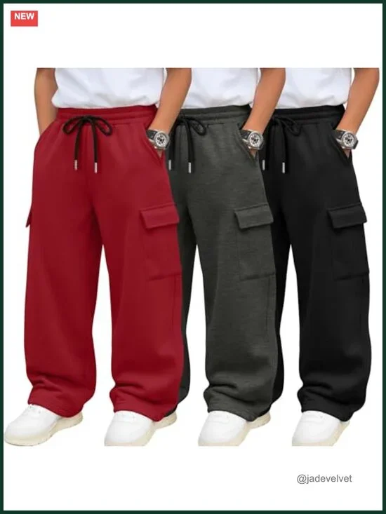 3 Pack Boys Cargo Sweatpants Lightweight Baggy Pants with Pockets Casual