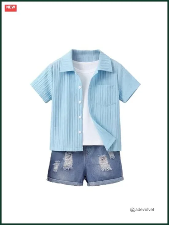 Boys 2 Piece Summer Outfit Set Striped Button Down Short Sleeve Shirt & Faux