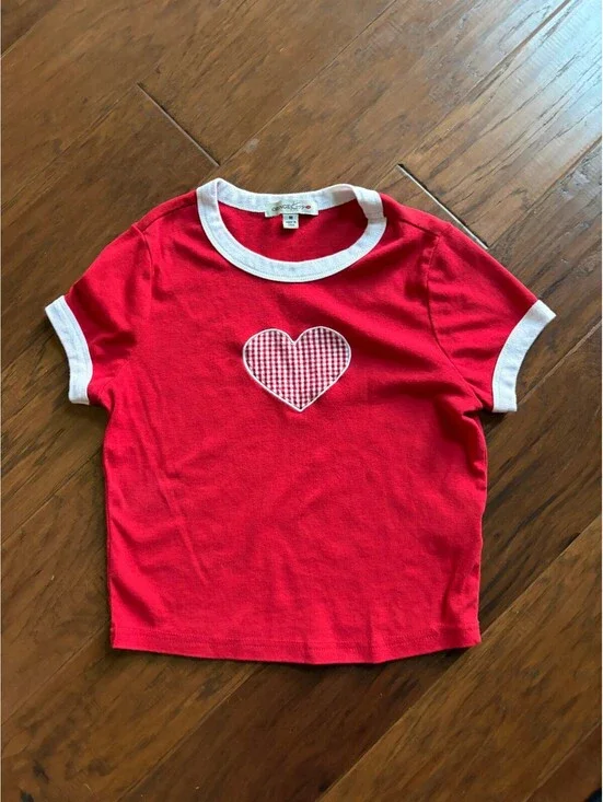 Kids Red Short Sleeve T-Shirt with White Trim and Heart Patch