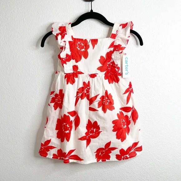 Carters Girls‎ Red White Floral Ruffle Sleeve Cotton Dress Size 4