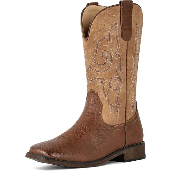 Women Saddle Brown Square Toe Western Mid Calf Embroidered Cowgirl Pull On Boots
