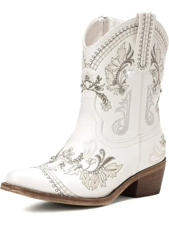 Women’s White Cowboy Boots Rhinestone Embroidered Ankle Booties Toe Chunky Heel