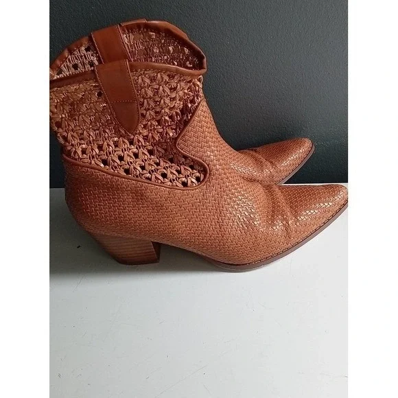 Cognac Woven Crochet Western Ankle Boots Pointed Toe Stacked Heel Brown Booties