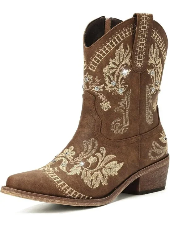 Women’s Brown Cowboy Boots Rhinestone Embroidered Ankle Booties Toe Chunky Heel