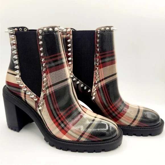 Jessica Simpson Boot Demmie Plaid Spikey Ankle Bootie Booties Sz 7 Chunky Red