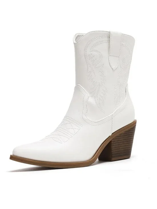 Women's White Cowboy Ankle Boots Western Booties Pointed Toe Embroidery Shoes