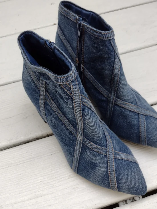Denim Pointed-Toe Ankle Boots - Blue