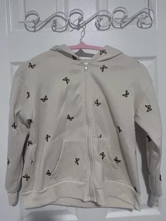 Self Esteem Cream Hoodie with Embroidered Butterflies. Size L