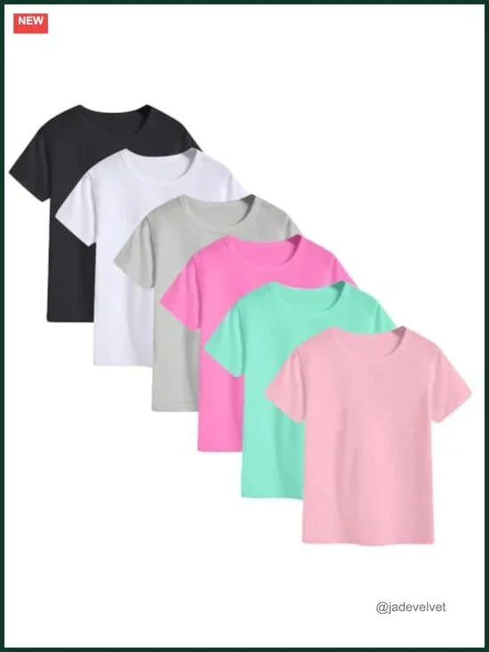 6-Pack Kids Cotton Short Sleeve Crew Neck Tees Unisex Basic Tops