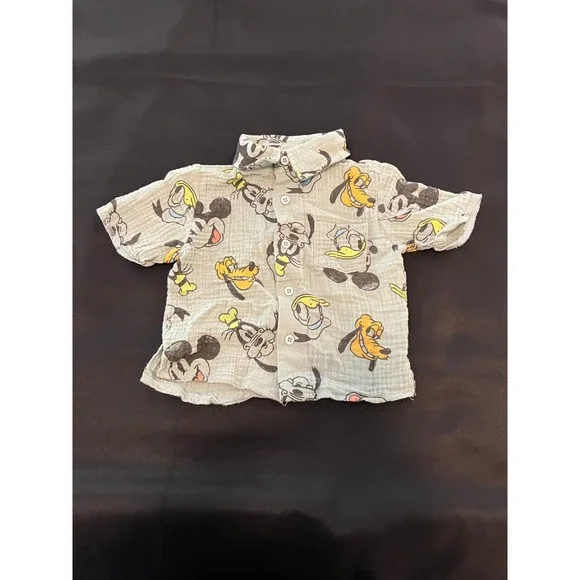 Disney Mickey and Friends Gauze Button Down Shirt Kids 12M Green Short Sleeve