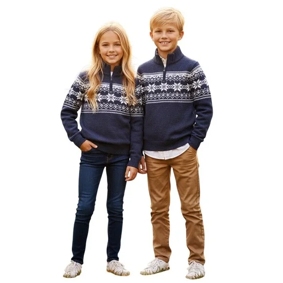Polo Ralph Lauren Kids Navy Blue Fair Isle Cotton Quarter-Zip‎ Sweater 10-12 New