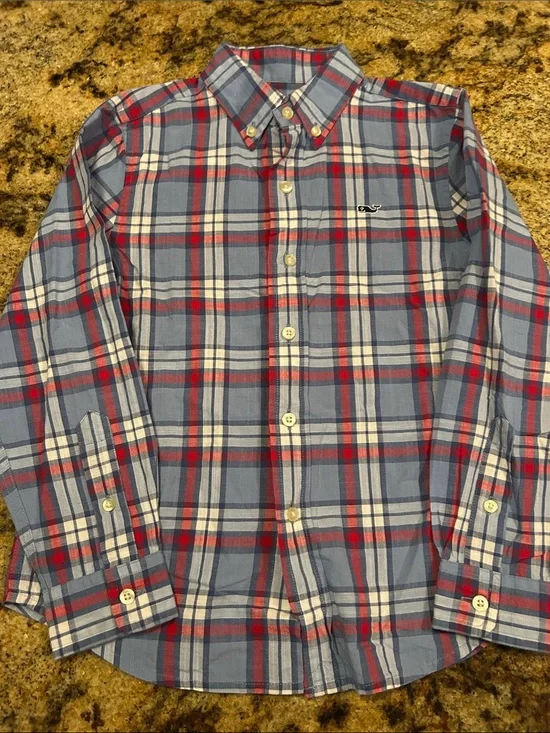 Vineyard Vines Light Blue Plaid Button-Down Shirt with Red and White Stripes