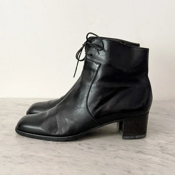 Van Eli Vintage Black Leather Ankle Boots Lace Up Square Toe Block Heel 7
