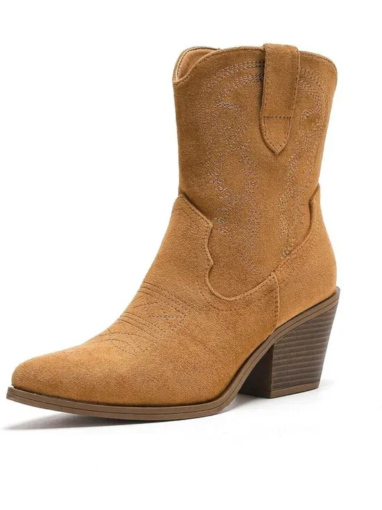 Women's Brown Cowboy Ankle Boots Western Booties Pointed Toe Embroidery Shoes