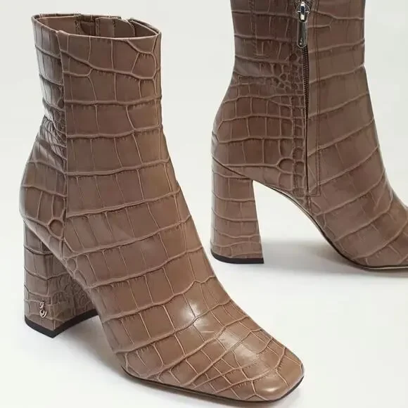 NEW Sam Edelman Codie Croc Square Toe Block Heel Ankle Boots Booties Womens 10