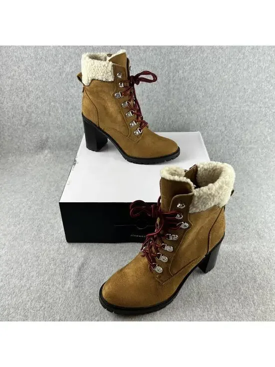 Nine West Ankle Boots Womens 9.5 Block Heel Faux Suede Shearling Trim