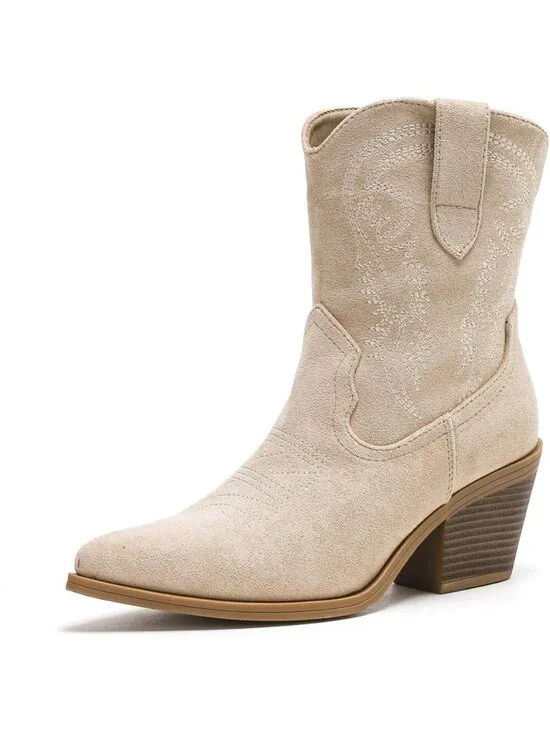 Women's Beige Cowboy Ankle Boots Western Booties Pointed Toe Embroidery Shoes