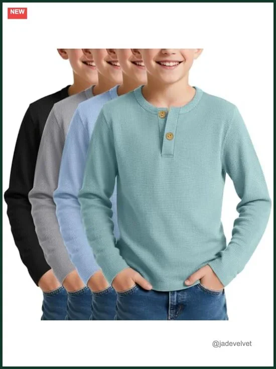 4 Pack Long Sleeve Henley Shirts for Boys, Cotton Blend Waffle Tees