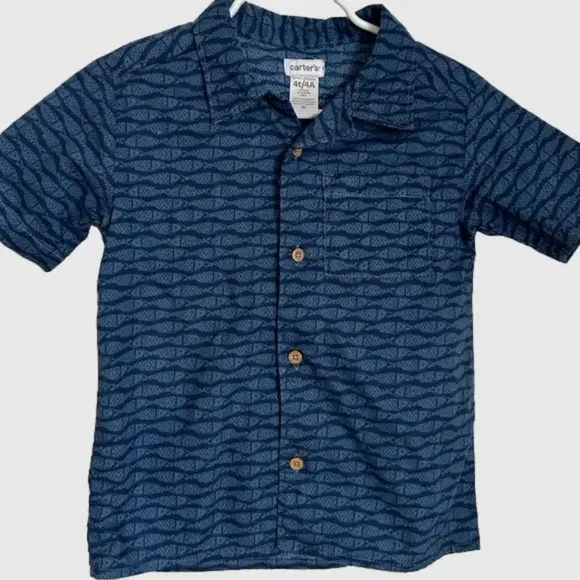 Carters Fish Button Down Shirt Blue Boys 4