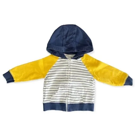 Infant navy blue striped hoodie, yellow, nine months